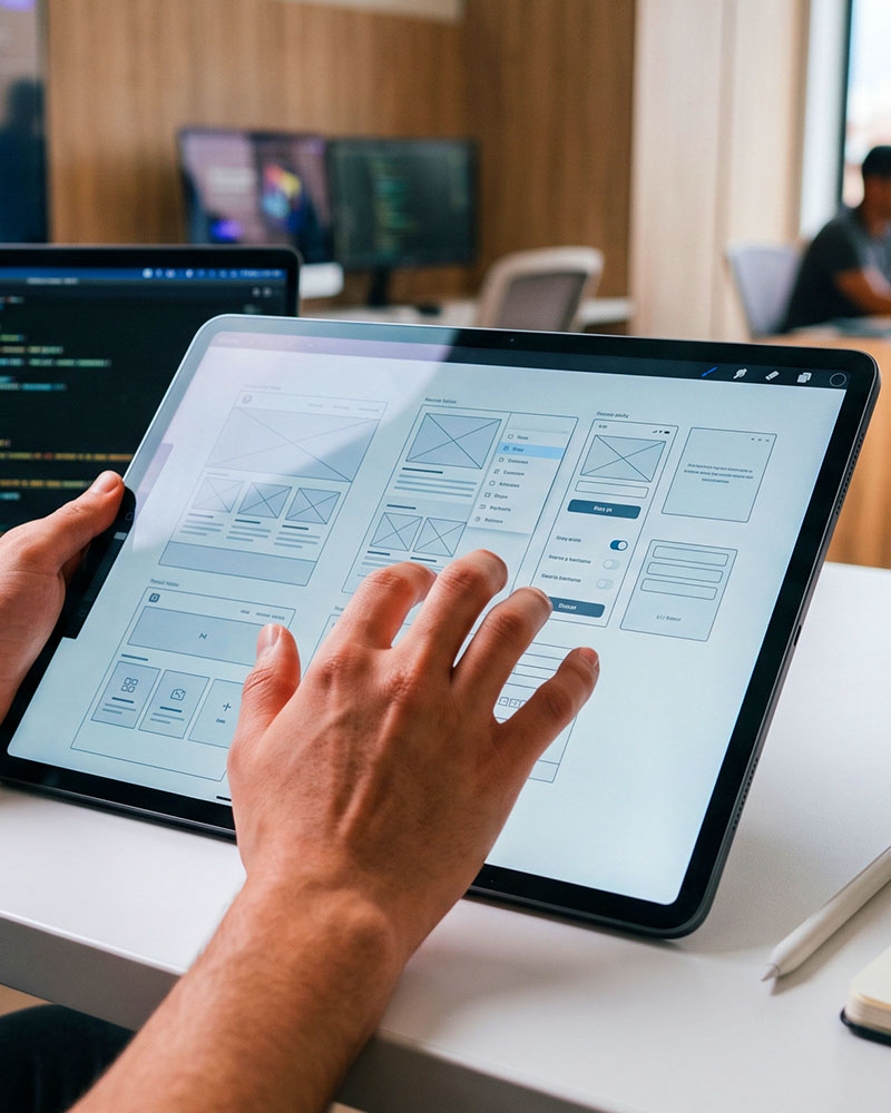 Diseñador trabajando en wireframes UI/UX en una tablet