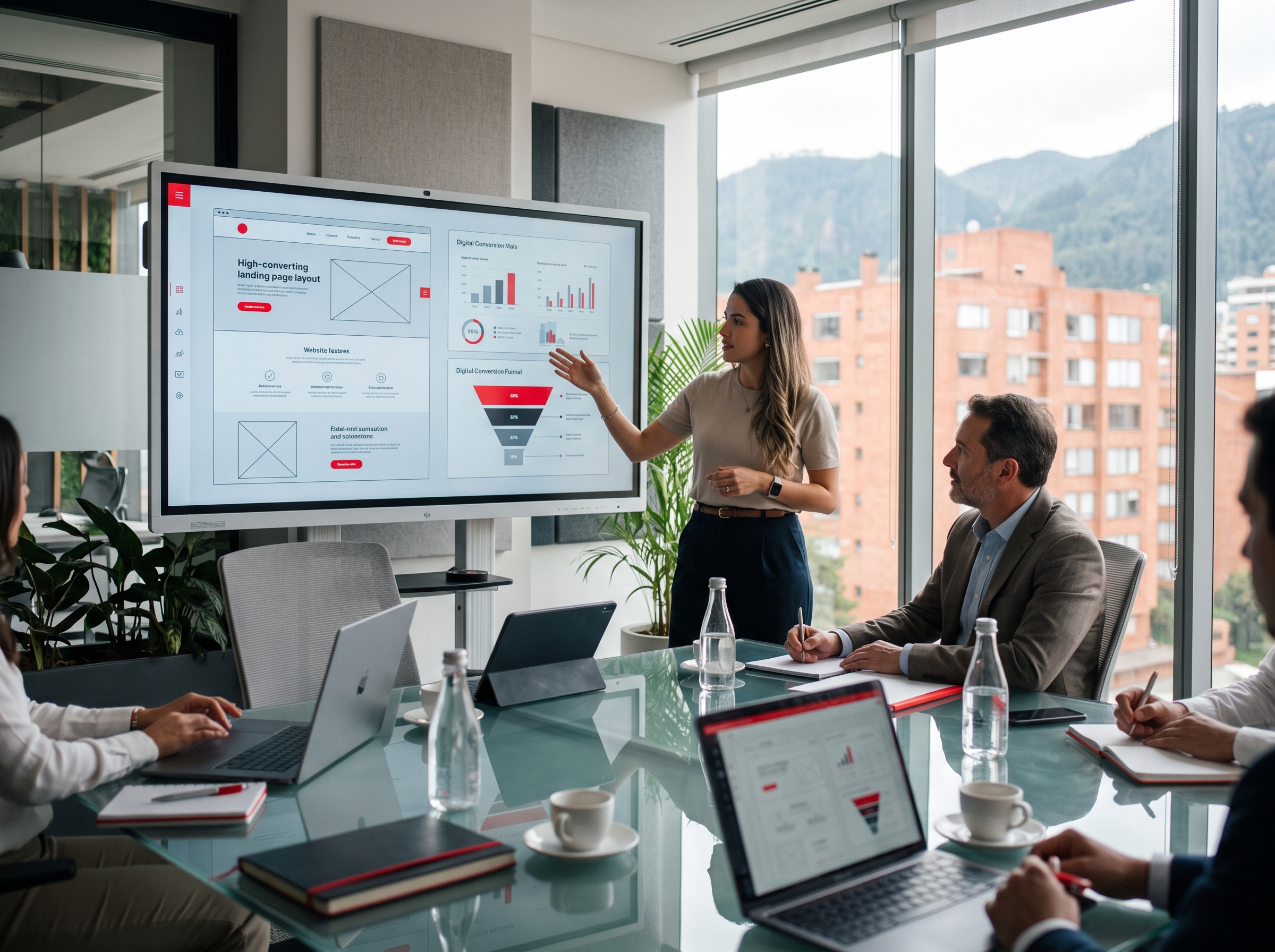 Estratega digital presentando una Landing Page comercial